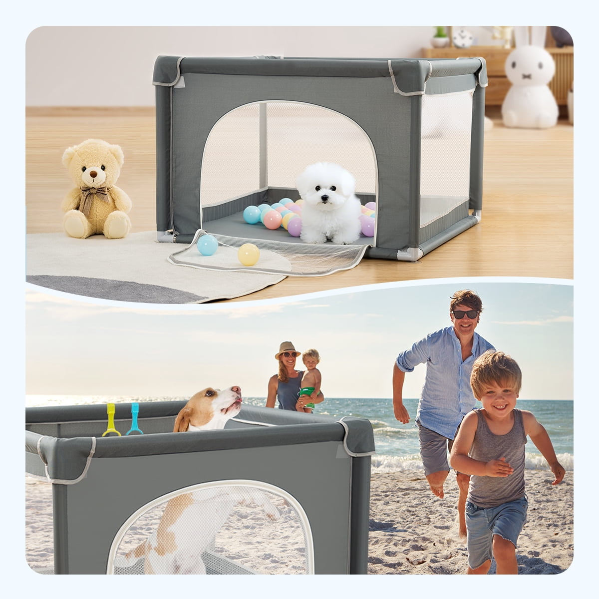 Dog Playpen, 36 x 36 x 27 Inch Portable Indoor Pet Playpen with Soft Mesh and Sturdy Frame, Gray