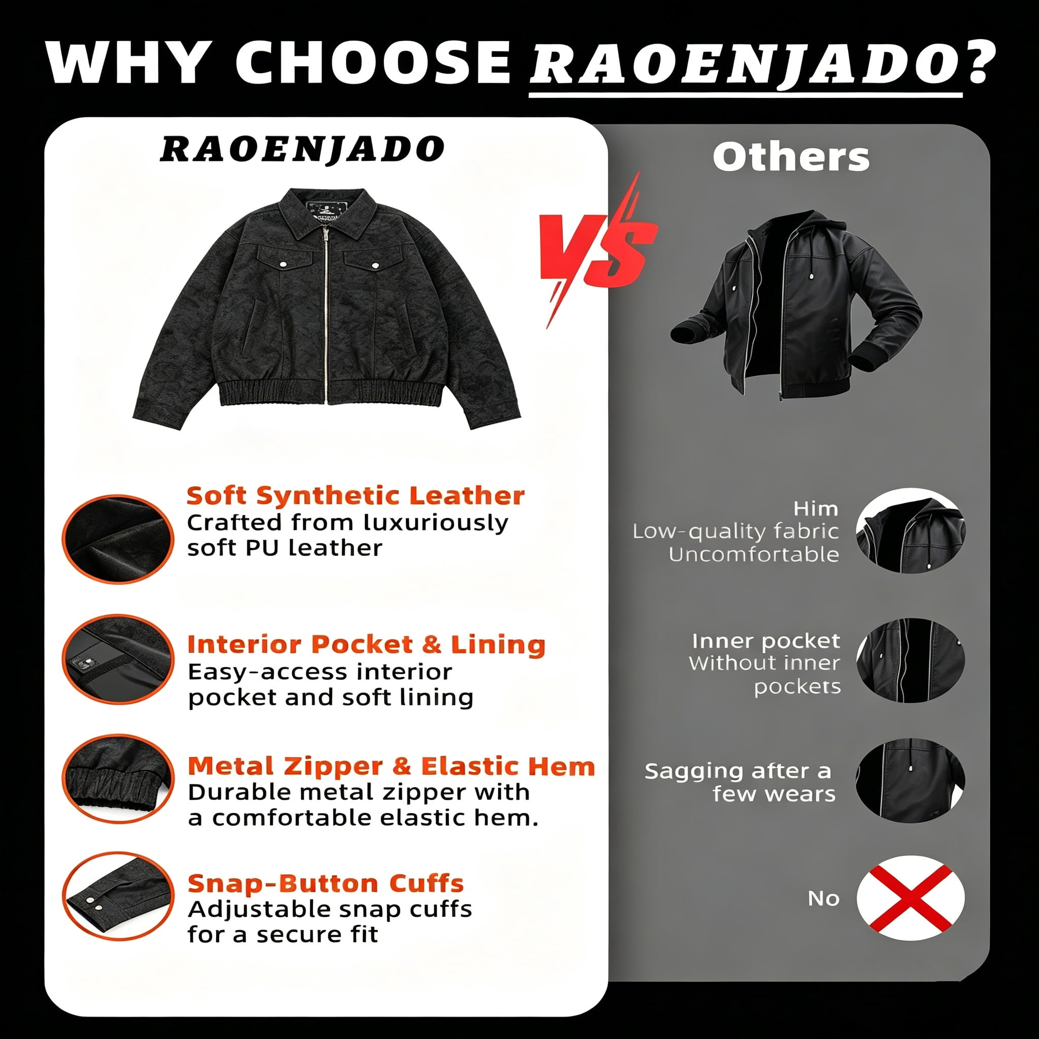 RAOENJADO Mens Racer Jacket PU Faux Leather Bomber Varsity Coat Casual Vintage Biker Streetwear Black XL