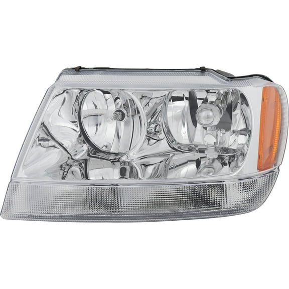 Headlight Compatible with JEEP GRAND CHEROKEE 99-04 LH Assembly Halogen Chrome Interior Limited/Overland Models