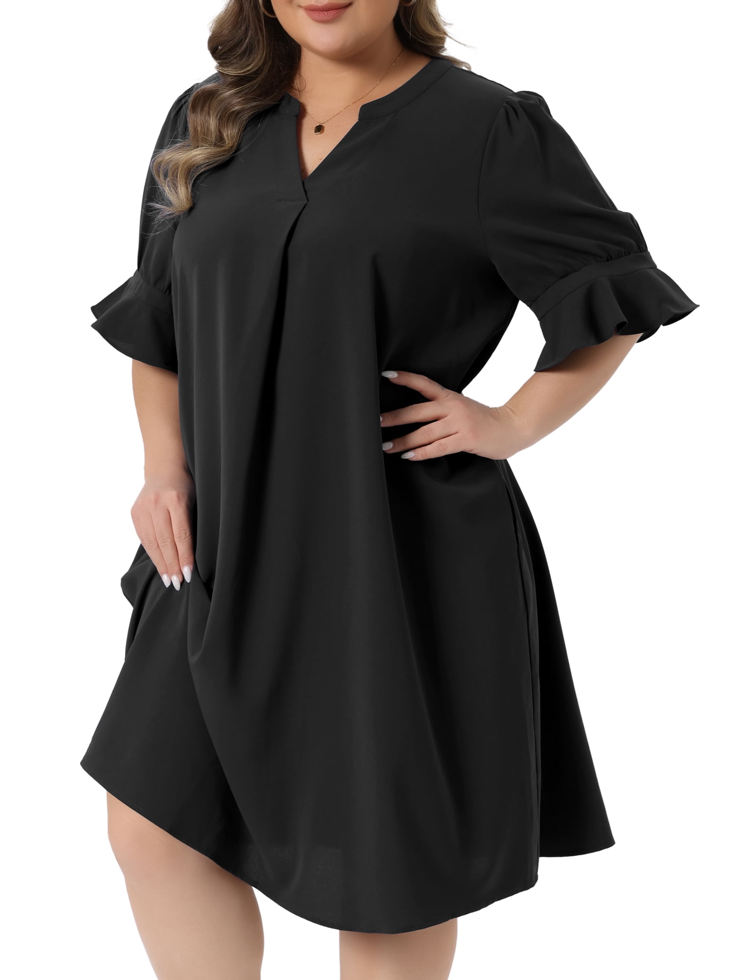 DARING DIVA Women's Plus Dresses Notch V Neck Bell Short Sleeve Casual Aline 1X Black