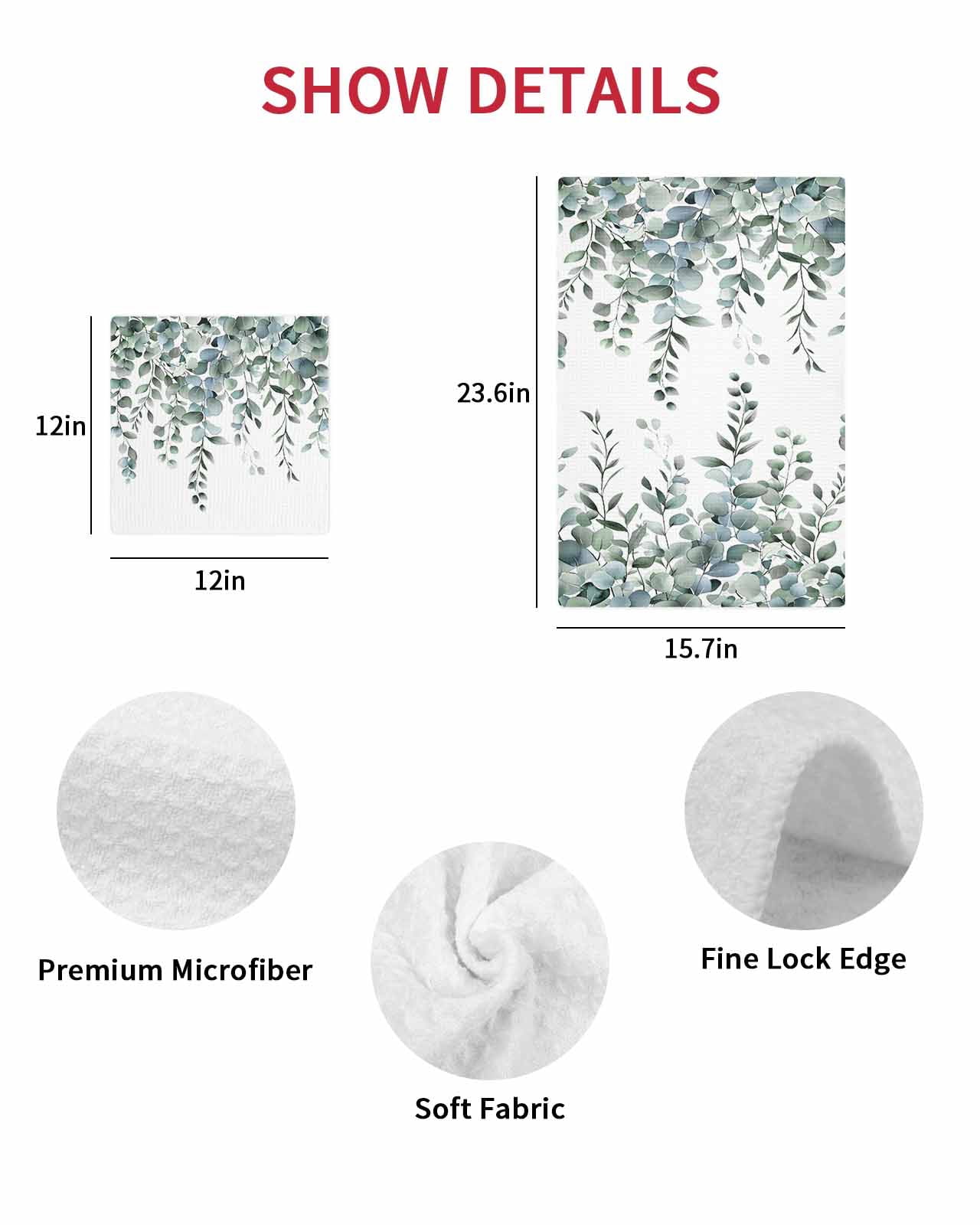 Green Eucalyptus Leaves Hand Towels Set, Waffle Weave Kitchen Towels 2 Pieces, Summer Botanical Watercolor Microfiber Hair Face Bath Tea Towel Absorbent Quick Drying Cleaning Dish Cloths 15.7"x23.6"