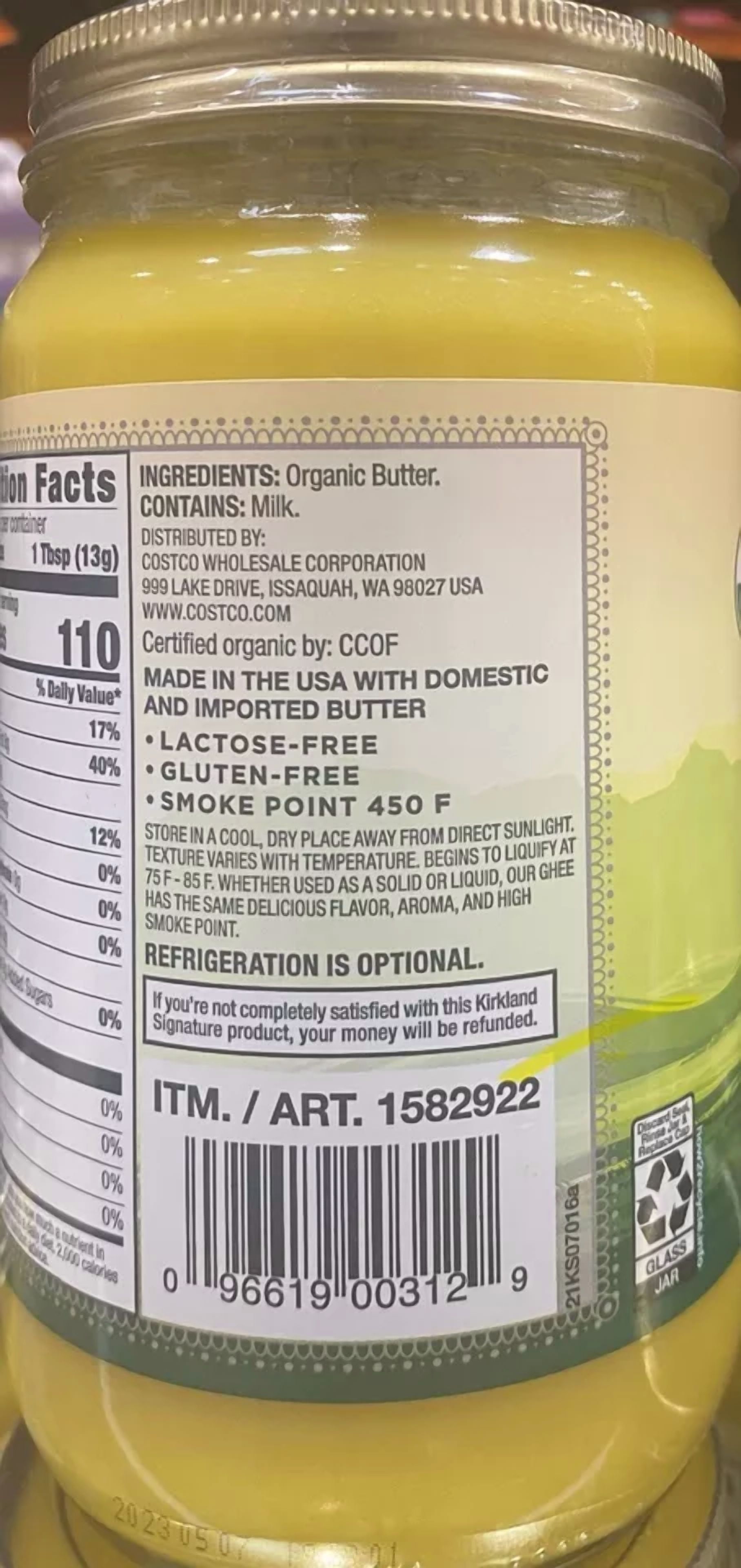 Kirkland Signature USDA Organic Ghee Clarified Butter 27 Oz Jar - 2 PACK