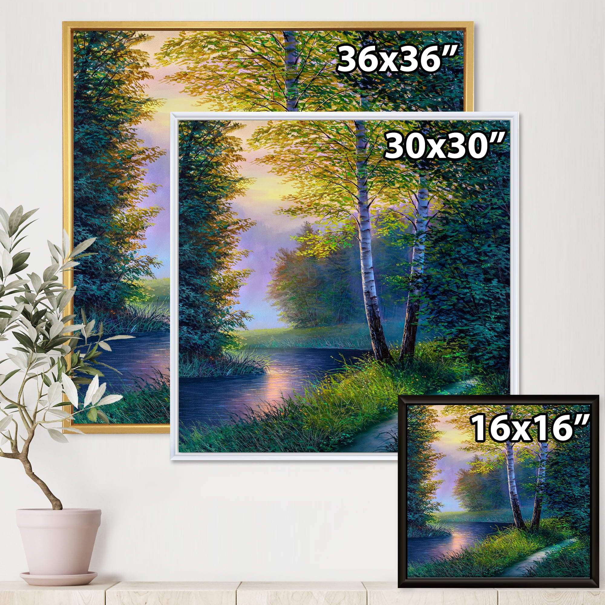 Sunrise Glow Through The Birch Forest 30 in x 30 in Framed Painting Canvas Art Print, by Designart