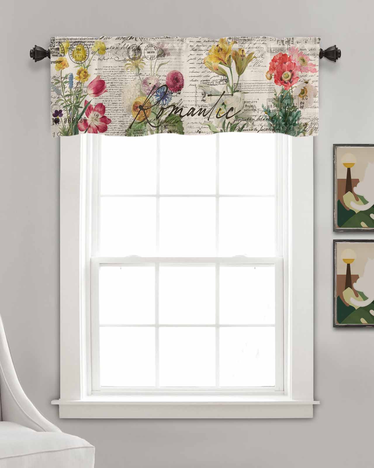 Beige Floral Linen Curtain Valance for Bedroom/Bathroom/Kitchen/Office/Living/Dining Room Window,Vintage Botanical Romantic Shabby Flowers Pocket Topper Drapes Decorative Cafe Drapery Panel 60"x18"