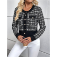 thumbnail image 4 of Womens - Blazer à Carreaux Habillé Décontracté Bouton devant Cardigan Col Rond Manches Longues Texture Tricot Vestes, 4 of 9