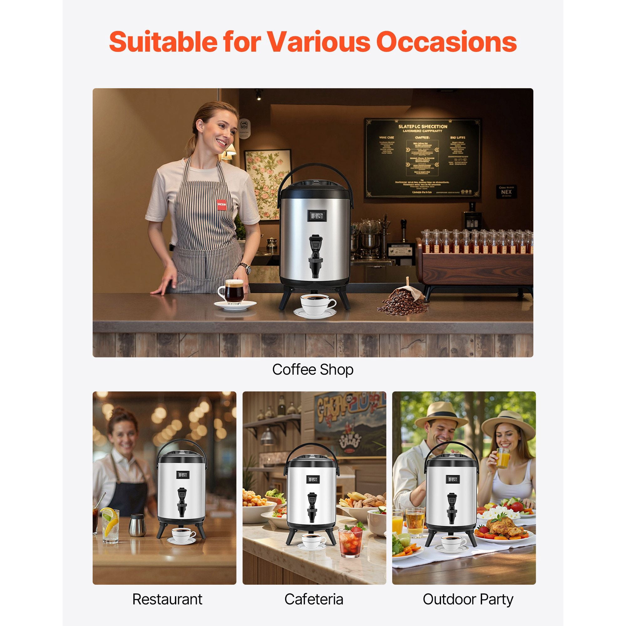 1.5 Gallon Insulated Beverage Dispenser with Temp Display, 304 Stainless Steel, Hot/Cold Insulation, Drip-Free Spigot for Cafes Restaurants