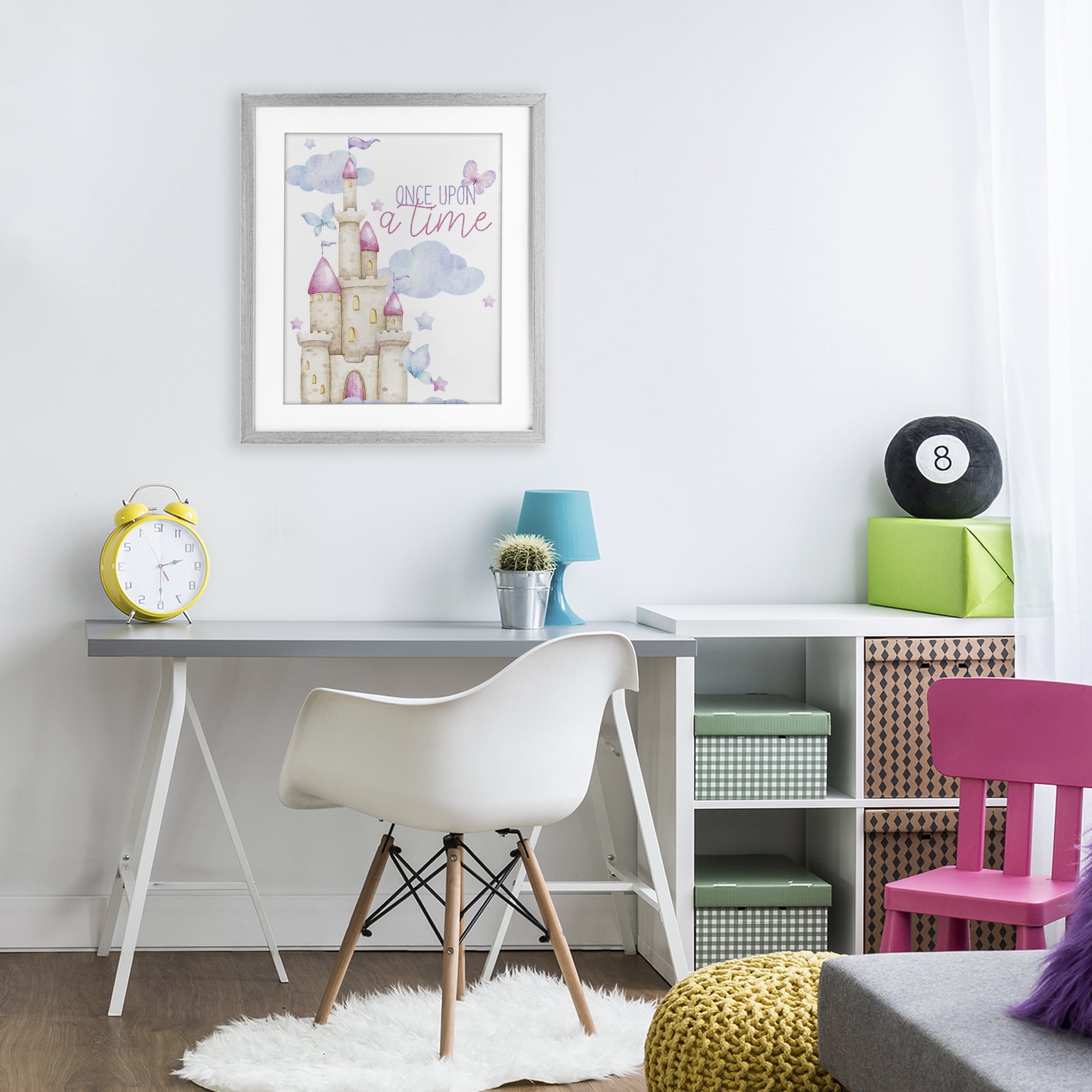 Once Upon A Time Castle Gray Framed Print Under Glass, design by Kim Allen