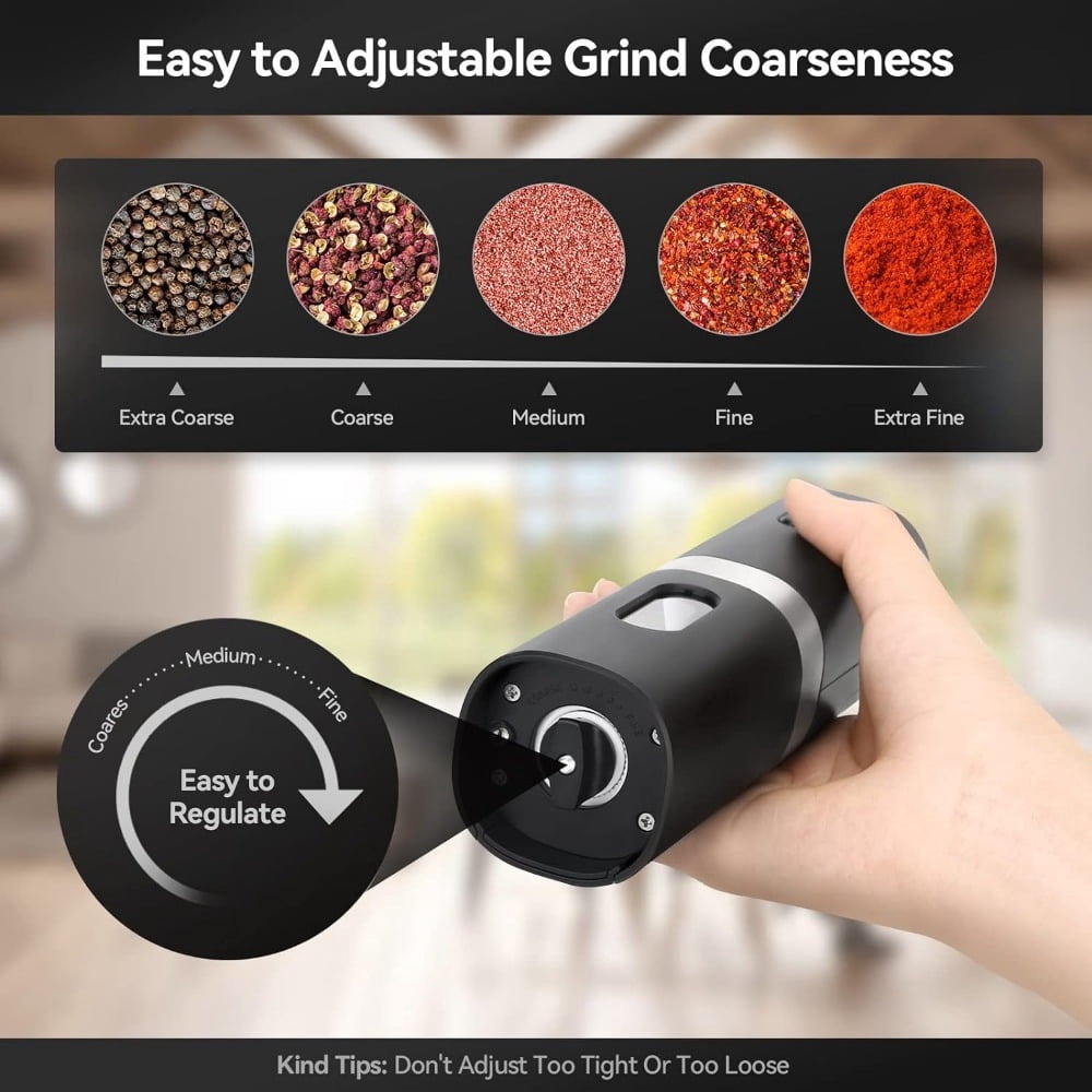 Electric Salt and Pepper Grinder Set, Automatic Salt & Pepper Mill Refillable with Rechargeable Base, USB Cables, 2 Adjustable Coarseness Mills, One Hand Operation, LED Light