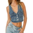 thumbnail image 1 of Faithtur Chemise de Rue pour Femmes Col en V en Denim avec Boutons Gilet Décontracté Bleu, 1 of 9