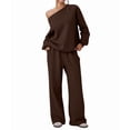 thumbnail image 3 of Women'S 2 Piece Outfits Off the Shoulder Crop Top Wide Leg Sweatpants Matching Lounge Sets Brown XL, 3 of 8