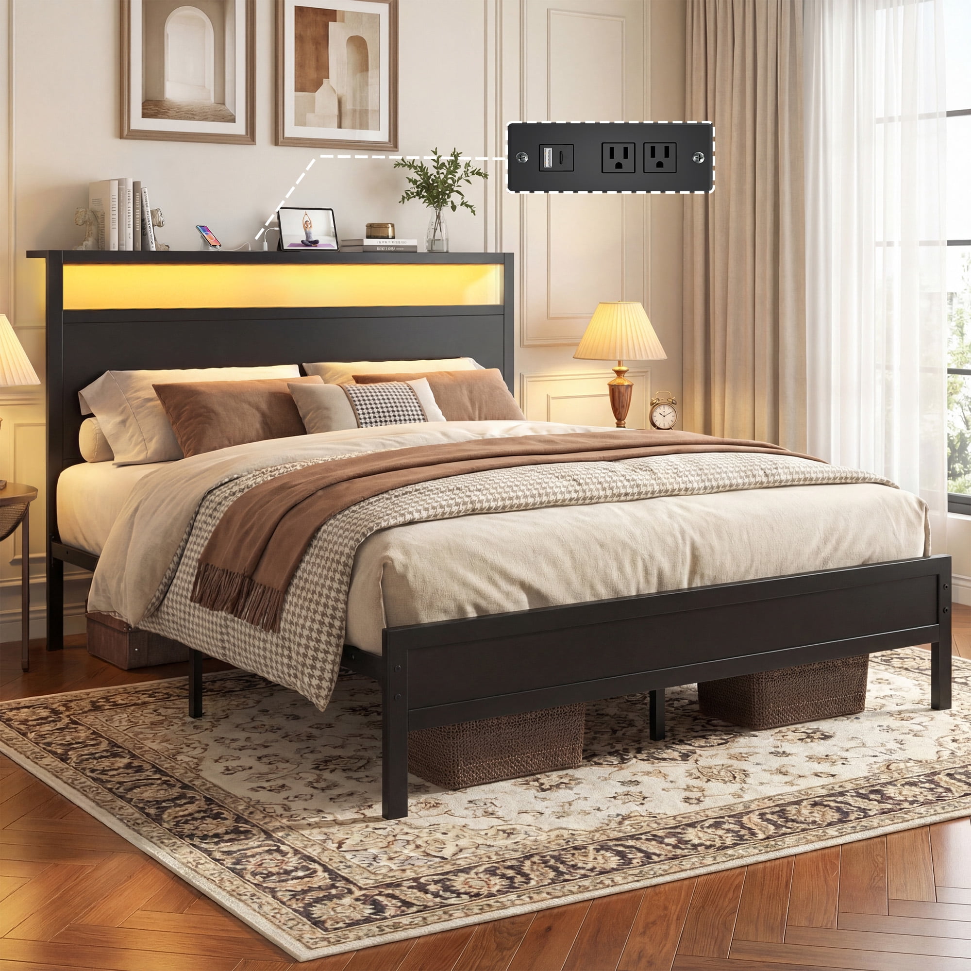 Bolvdo Queen Size Bed Frame with Headboard & Footboard, Built-in Charging Station & LED Light, Storage Shelf, Noise-Free, No Box Spring Needed, Easy Assembly, Classic Black