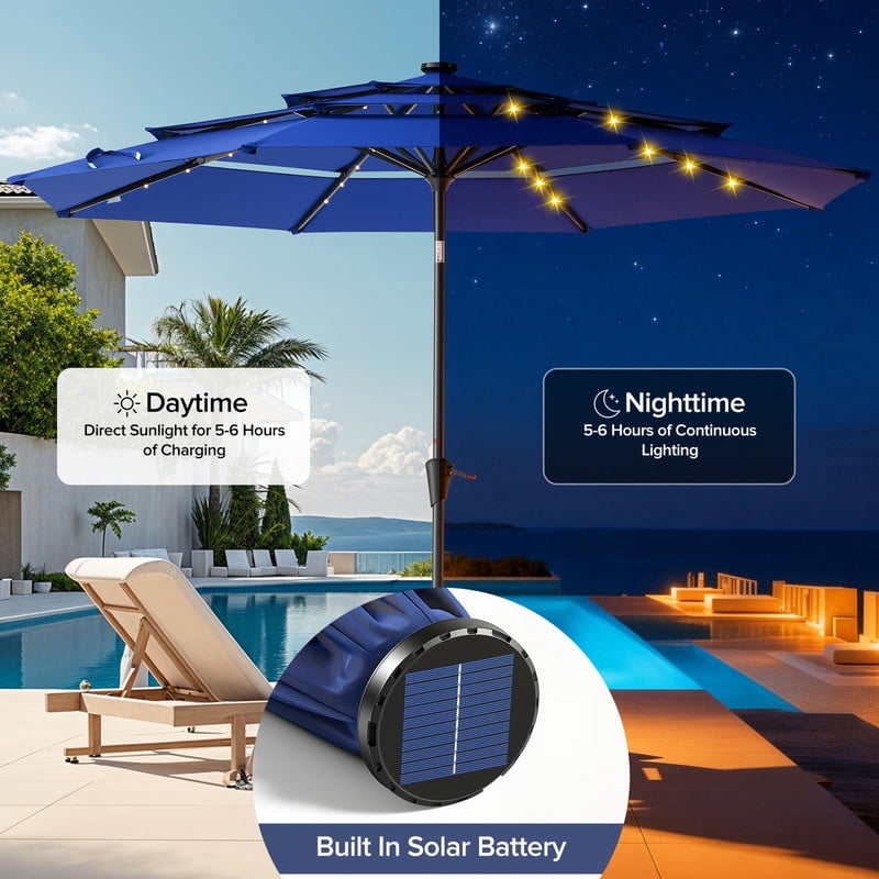 Gianna 10 FT 3-Layer Solar Patio Umbrella, 32 LED Lights Market Umbrella with Adjustable Tilt, 8-Rib Outdoor Sunshade for Backyard, Deck and Poolside，Navy Blue