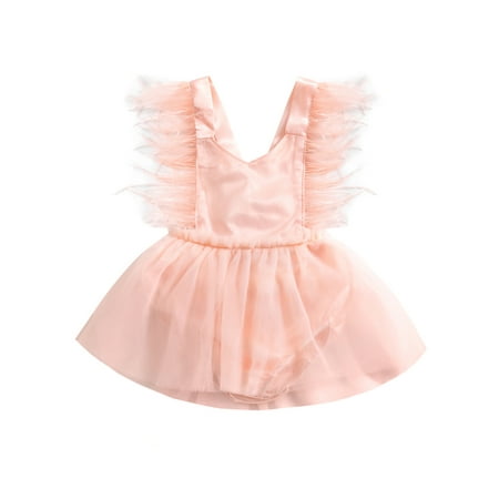 

wdehow Elegant Baby Girl Romper Sleeveless V Neck Solid Color Playsuit with Tulle Skirt Buttoned Crotch Kids Clothing