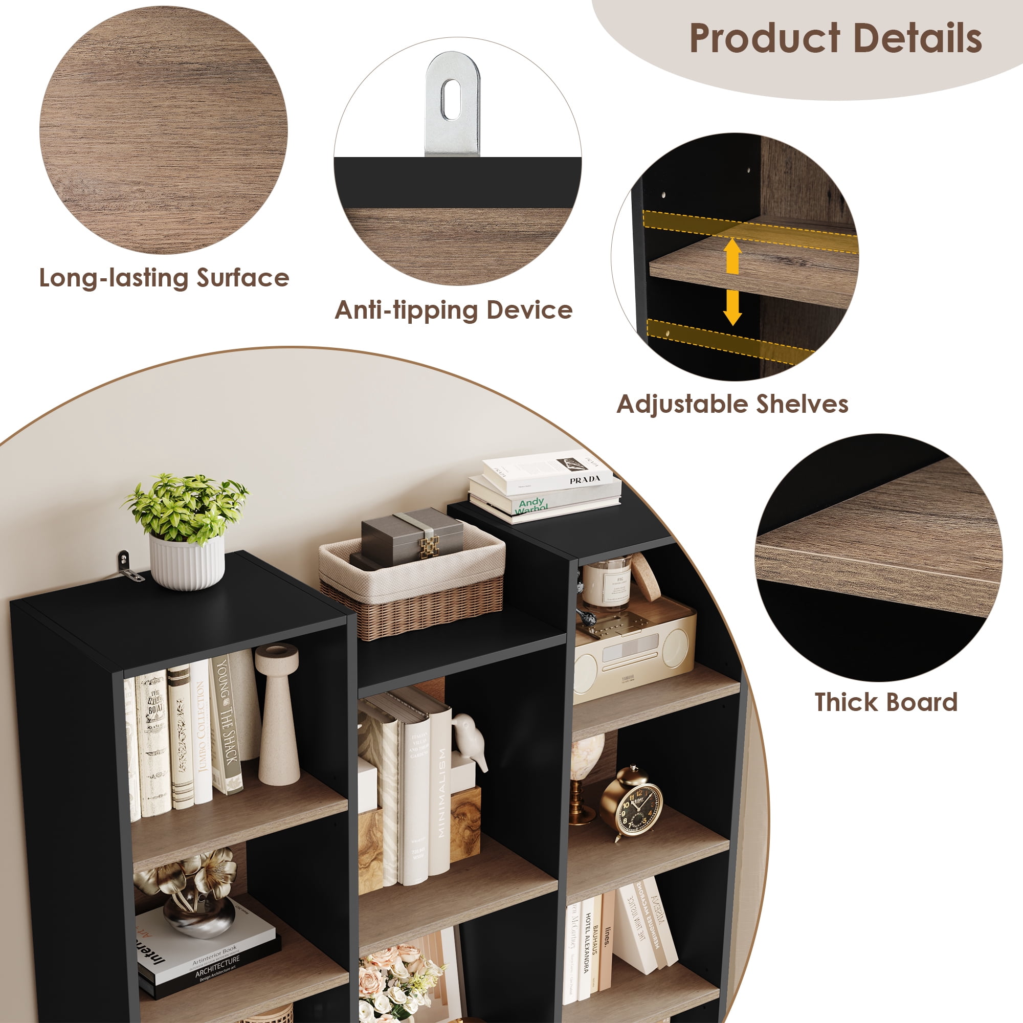 Homfa 2 Pieces Bookshelves, 71’’ Tall Three Row Bookshelf with Adjustable Shelves, 21-Cubes CD Display Storage Organizer Shelf for Living Room Home Office, Black+Brown