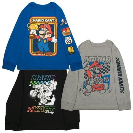 Nintendo Super Mario Kart Race Boys Long Sleeve T-Shirt, 3-Pack Bundle Set for Kids and Toddlers (Size 4-16)