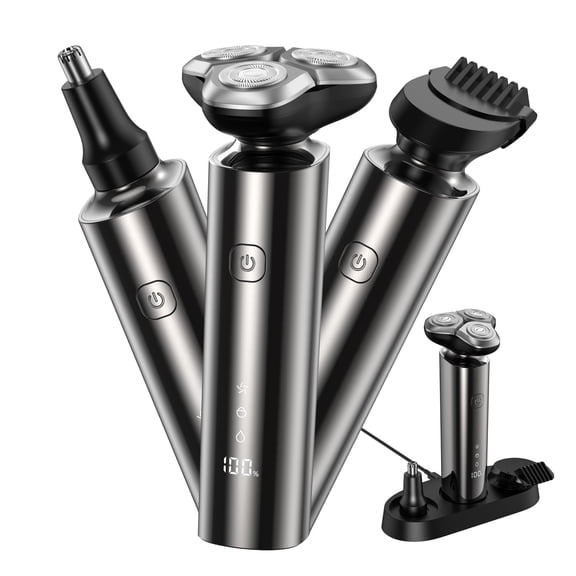 3 in 1 Electric Razor for Men, Rechargeable Waterproof Men Electric Shaver with Charging Dock, Wet & Dry Shaving with Cordless Beard, Nose Hair Trimmer, 1 Hour Fast Charging, LCD Display