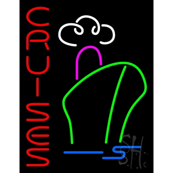 Vertical Cruises with Logo LED Neon Sign 19 x 15 - inches, Black Square Cut Acrylic Backing, with Dimmer - Bright and Premium built indoor LED Neon Sign for Décor, Travel agency, Storefront.