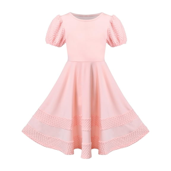Girls Dress Pink Solid A-line Vintage Puff Sleeve Spring Summer 4 Years
