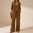 thumbnail image 5 of Lekode Womens Linen Set Roll-up Sleeve Top Boho Matching Wide Leg Lounge Pants Simple 2 Piece Set Linen Loungewear Sets Cotton Linen Lounge Set Summer Vacation Clothes Fashion Outfits Brown 5xl, 5 of 7