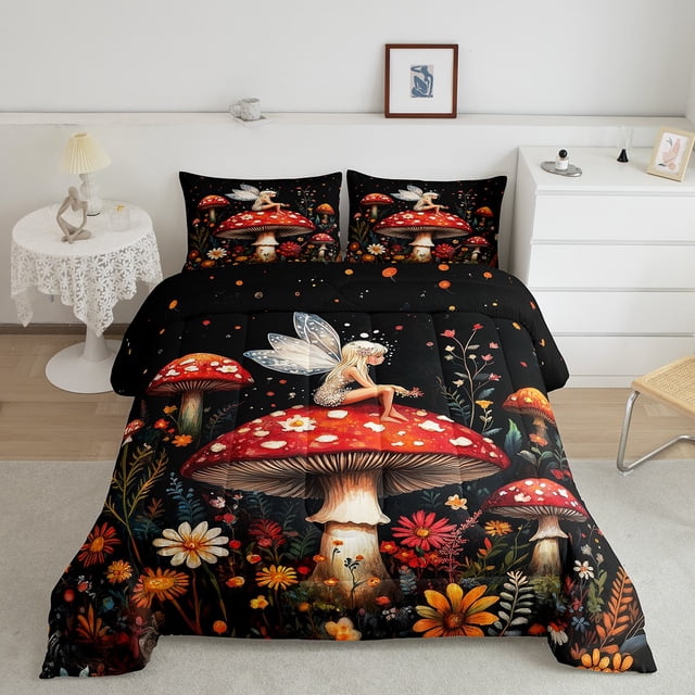 Erosebridal Ensembles de Couette Champignon Rouge Format Tout-Petit, Couettes et Duvets Conte de Fées, Déco Féerique Mignonne, Réversible 2 Pcs
