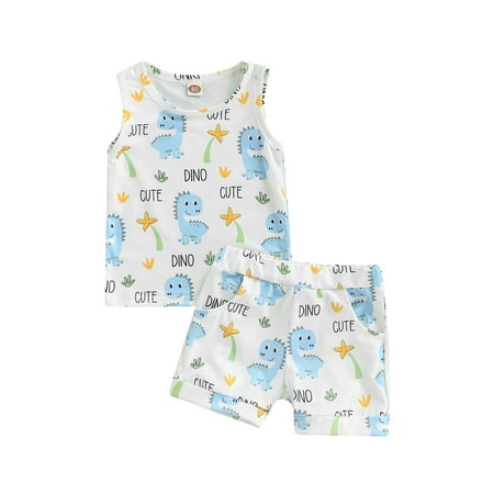 

Suanret Toddler Infant Baby Girls Boys Summer Outfits Sleeveless Round Neck Cartoon Vest + Dinosaur Print Shorts Blue 18-24 Months