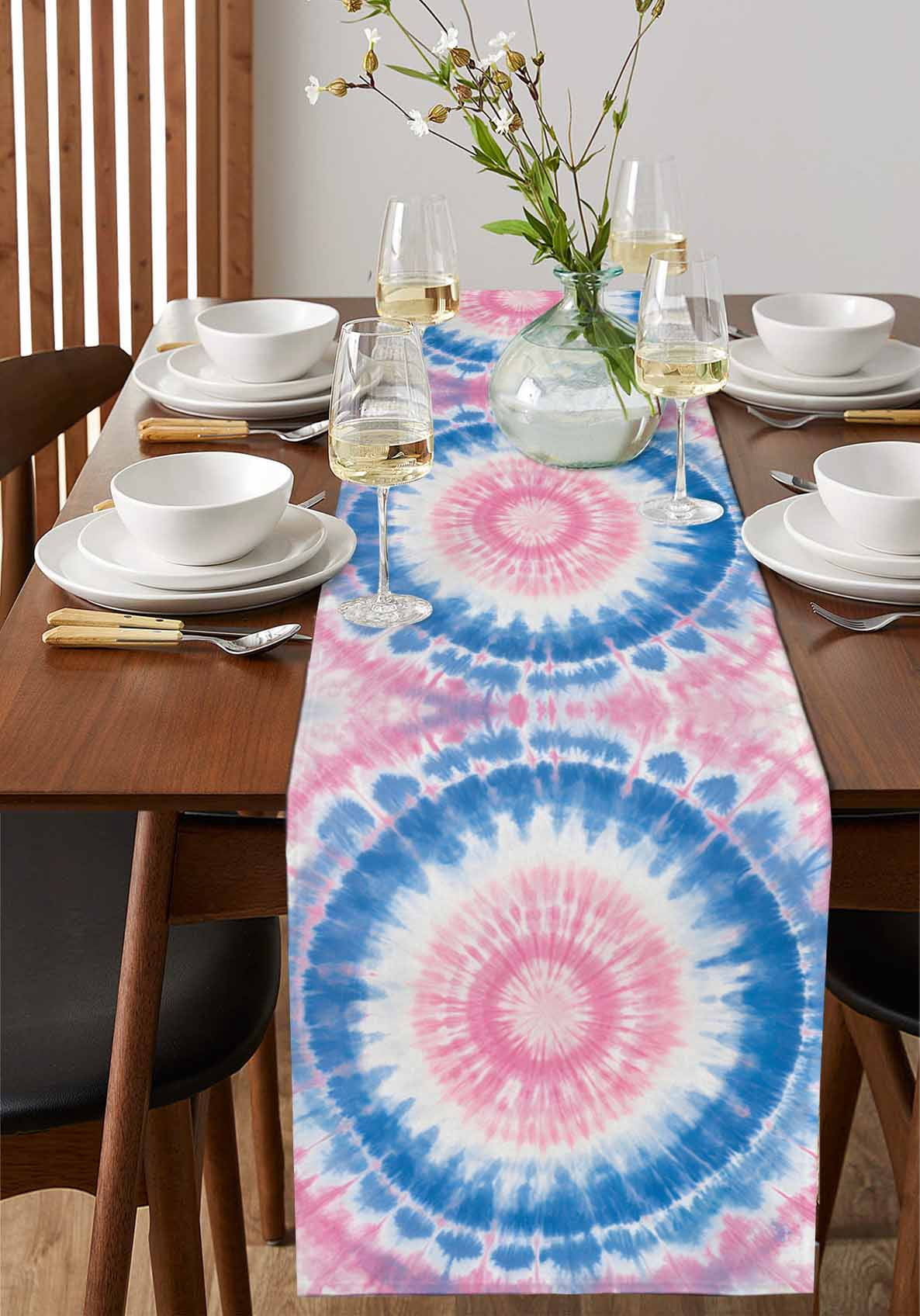 Boanket Pink Blue Ombre Table Runner - 72 Inch Long, Kitchen Dining Table Runner Dresser Scarves, Modern Boho Ethnic Tie Dye Geometric Farmhouse Decor for Coffee Tables Wedding Party Banquet