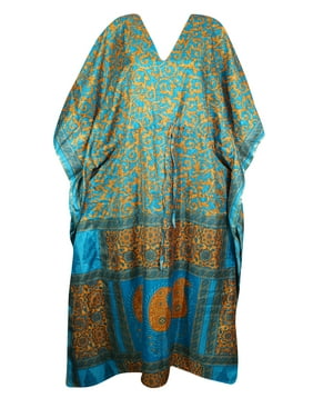 Mogul Women Blue,Orange Maxi Kaftan V-Neck Printed Kimono Sleeves Resort Wear Housedress Holiday Caftan Dresses 2X