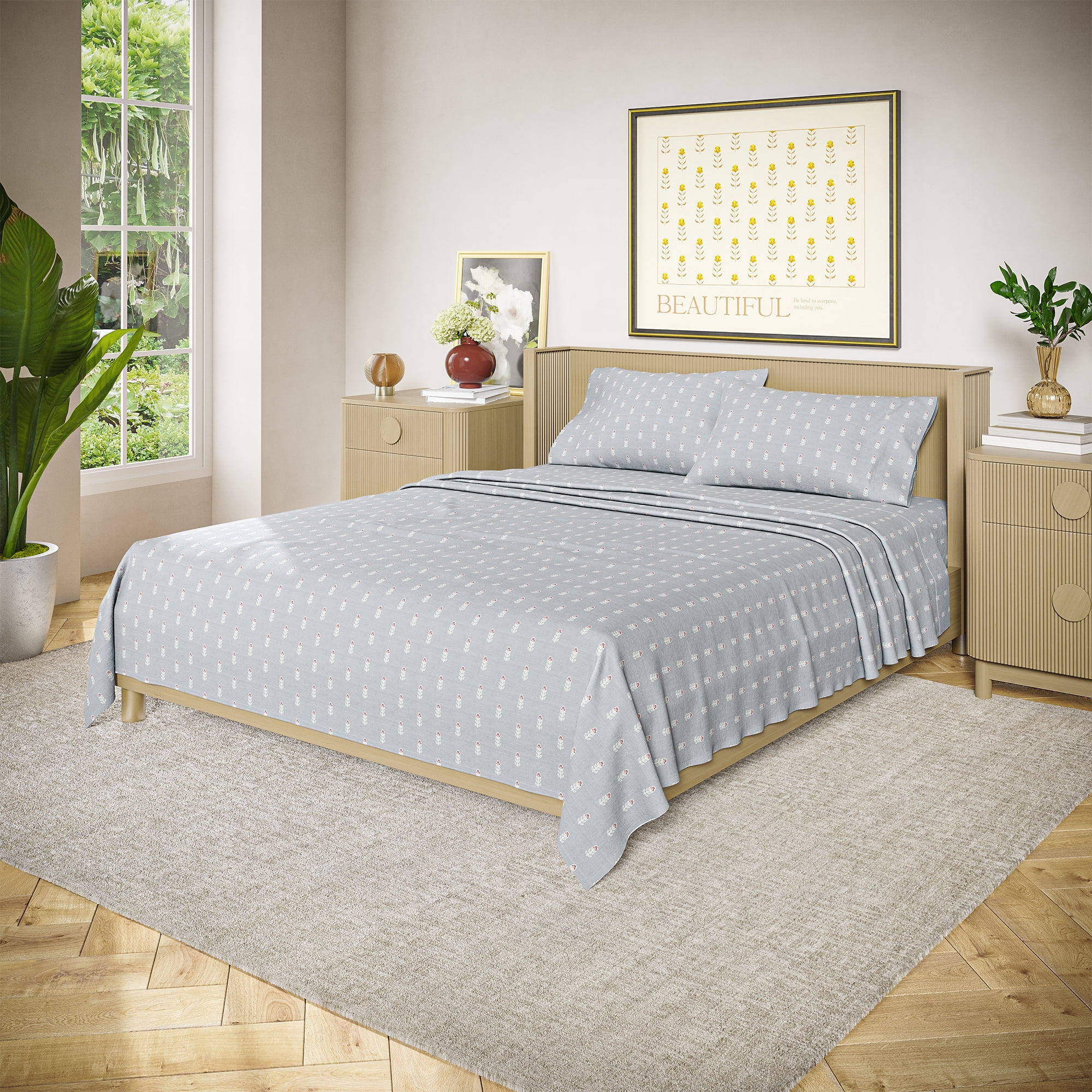 Beautiful Signature Floral 4-Piece 100% Cotton Percale Dawn Blue Sheet Set, Queen by Drew Barrymore