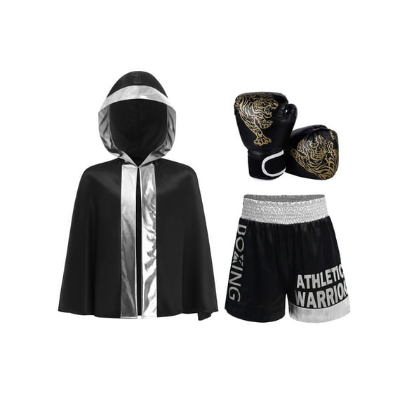 Moggemol Kids Boys Metallic Trim Boxer Robe with Gloves Set for Carnival Theme Party Boxing Practice Black Silver 16