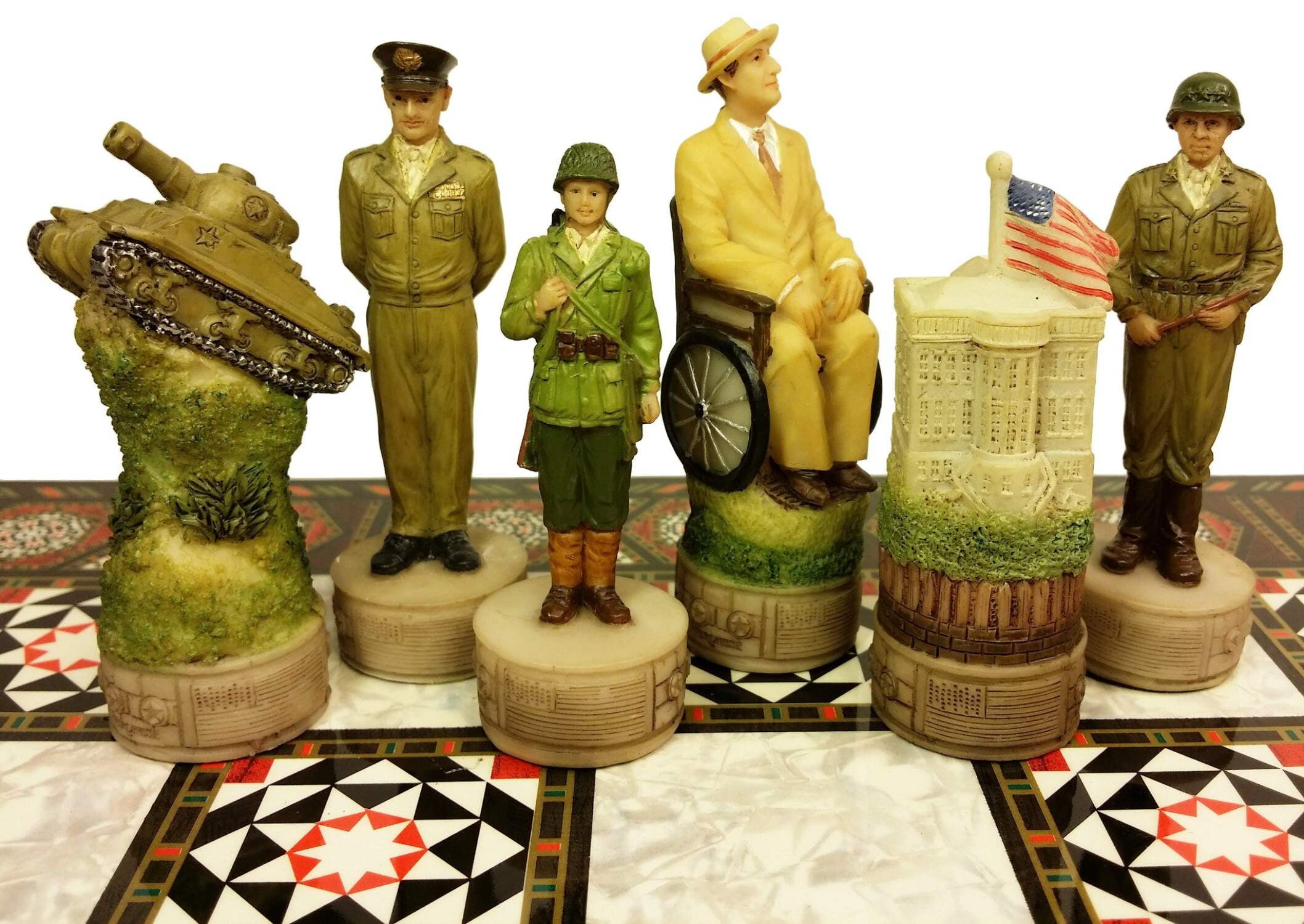 WW2 US vs GERMANY CHESS SET W/ 17" Mosaic Color Board World War 2