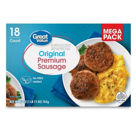 Great Value Original Premium Sausage Patties Mega Pack, 27 oz, 18 Count
