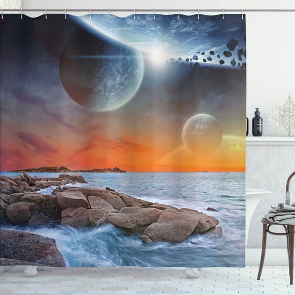 Ambesonne Universe Shower Curtain, Planet Landscape View, 69"Wx70"L, Orange Umber Blue