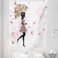 thumbnail image 1 of Feminine Tapestry, Girl with Floral Umbrella and Dress Walking with Butterflies Inspirational Art, Fabric Wall Hanging Decor for Bedroom Living Room Dorm, 5 Sizes, Black and Pink, by Ambesonne, 1 of 1