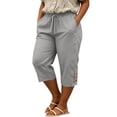 thumbnail image 4 of Ruimatai Women Capri Cropped Pants High Waist Drawstring Elastic Waistband Lace Cutout Pockets Loose Fit Casual Summer Trousers, 4 of 5