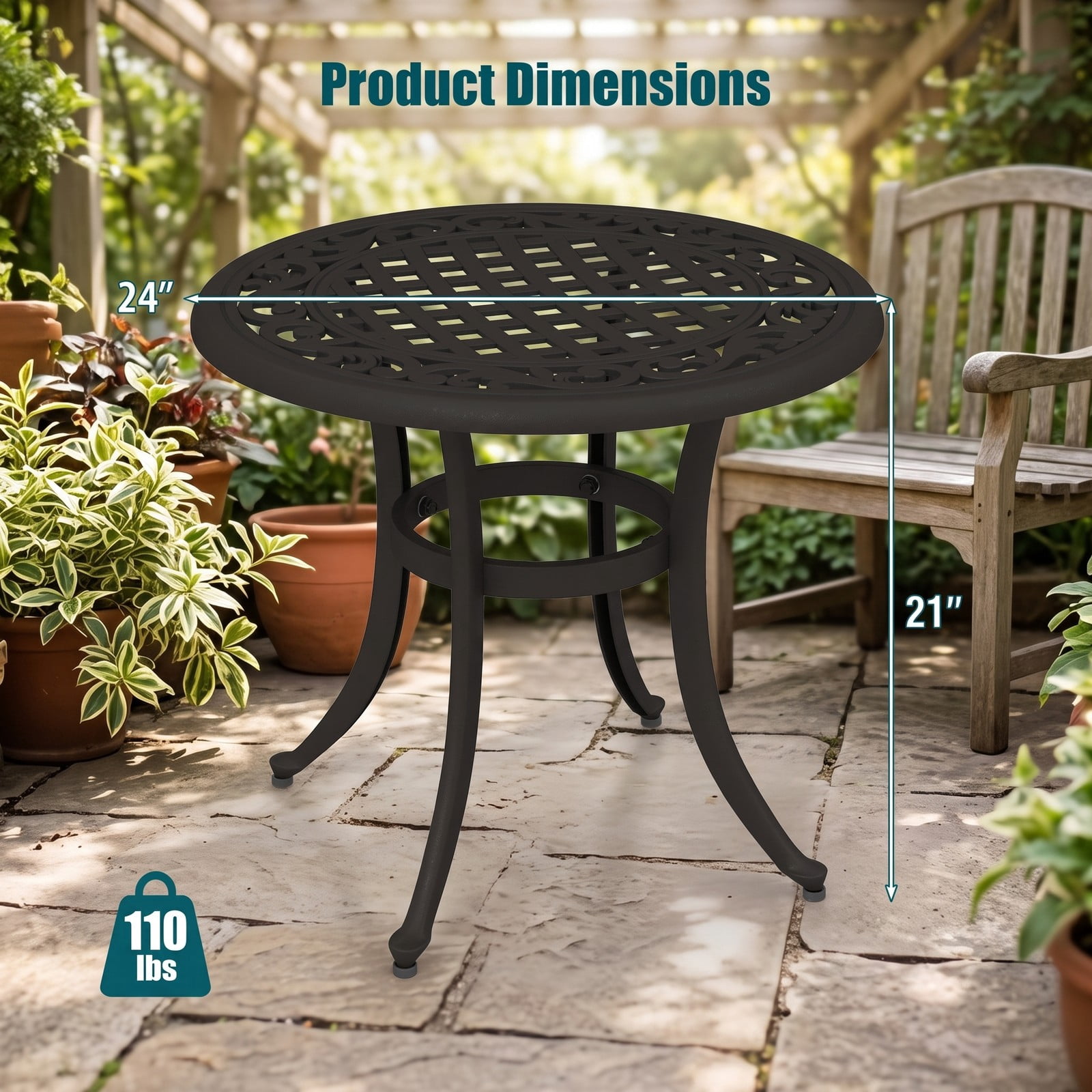 Furnibear 24 Inch Round Cast Aluminum Patio Side Table with Adjustable Footpads for Poolside and Backyard, Antique Brown