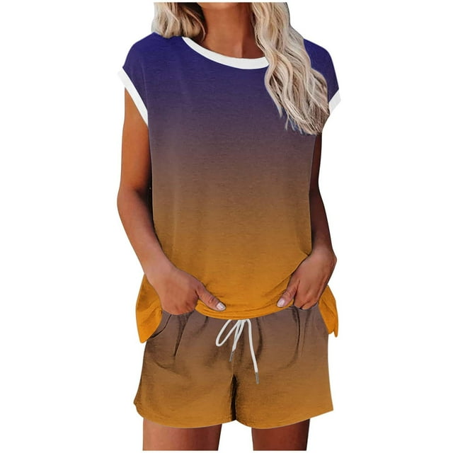 Hinvhai Womens Pajamas Set Clearance 2 Piece Short Sleeves PJs O Neck Tops and Drawstring Waist Shorts Soft Lounge Set Yellow L(L)