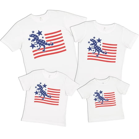 

7 ate 9 Apparel Matching Family 4th of July Shirts - Dino Flag Dinosaur USA White T-Shirt 3T