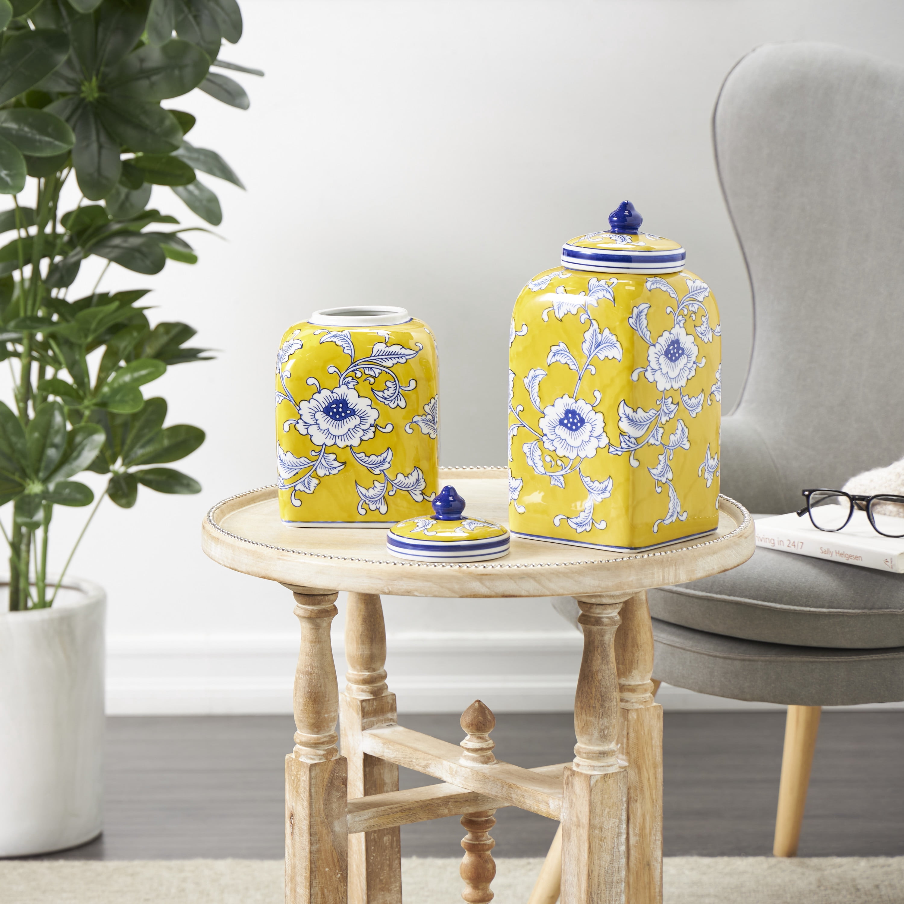 DecMode 10", 12"H Yellow Ceramic Floral Decorative Jars with Blue and White Accents, 2-Pieces