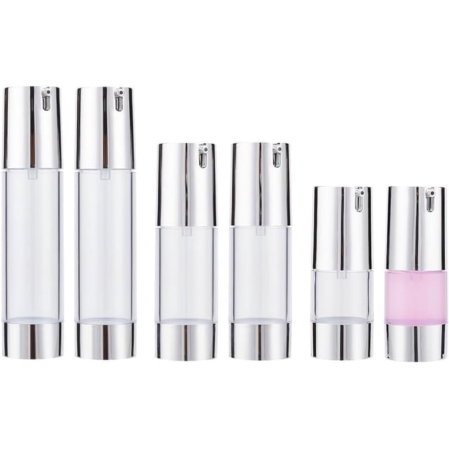6 botellas vacías con bomba de vacío, 3 tamaños, 15 ml, 30 ml, 50 ml (0,5 oz, 1 oz, 1,69 oz), con cabezal plateado, rellenables.
