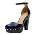 thumbnail image 3 of FSJ Women Retro Round Closed Toe Sandals Studded Rivet Platform Ankle Strap Chunky Block Heel Pumps Office Church Shoes Size 10 Blue, 3 of 5