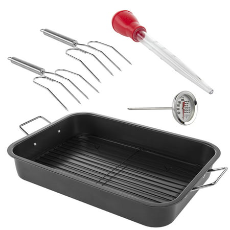 6pc Chefs Basics Select Nonstick Roasting Pan Set With Rack, Baster, Lifter & Thermometer Bakeware Turkey (Best Pan For Roasting A Turkey)