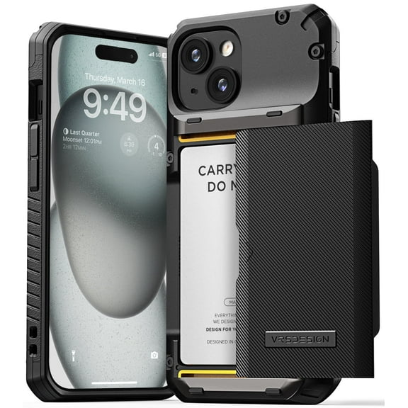 VRS DESIGN Phone Case for iPhone 15 (2023), [Damda Glide Pro] Functional Sturdy Premium Wallet (4 Cards) Case with Card Holder (Matte Black)
