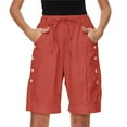 thumbnail image 6 of Xysaqa Bermuda Shorts for Women Casual Summer Womens Comfy Buttons Cotton Linen Shorts Knee Length Elastic High Waisted Shorts for Women Pull On Beach Shorts with Pockets & Drawstring S-XXL, 6 of 8