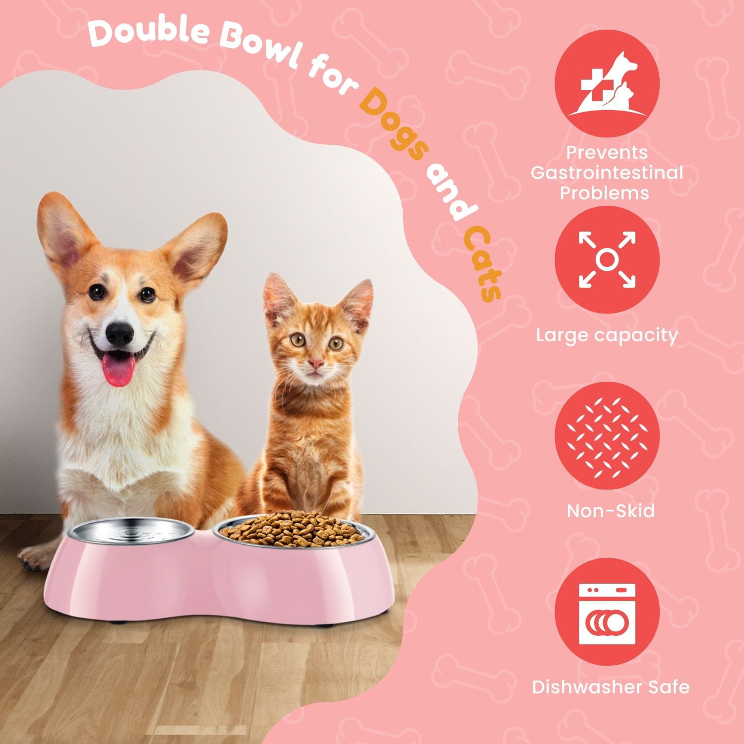 EveryYay Better Together Pink Silicone Double Diner with Stainless-Steel  Bowls for Dogs, 2 Cups