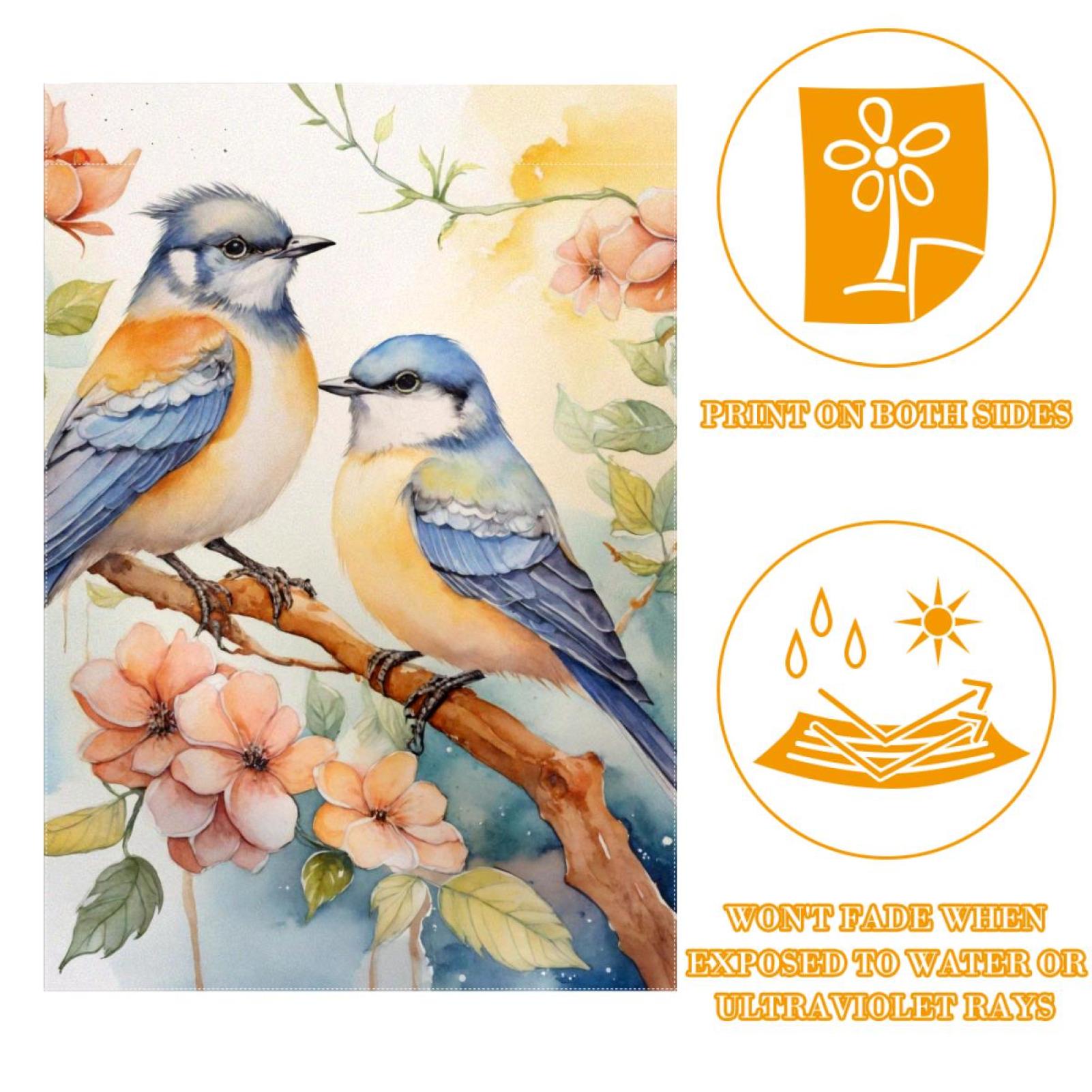 Watercolor Birds with Flowers Floral Double Sided Garden Flag Decorative Weather Resistant Yard Flag, Large DIY Vertical Flag for Farmhouse Patio Lawn, 28x40 Inch