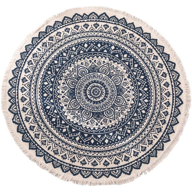 Alfombras redondas con estampado de mandala, alfombras de algodón con borlas, alfombras de mandala bohemias tejidas a mano, lavables a máquina (azul + negro, 120 cm) Sincero Electrónica