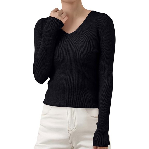 ManxiVoo Women's V-Neck Ribbed Knit Sweater Slim Fit Winter Soft Stretch Comfortable Versatile Layering Top M Size Black