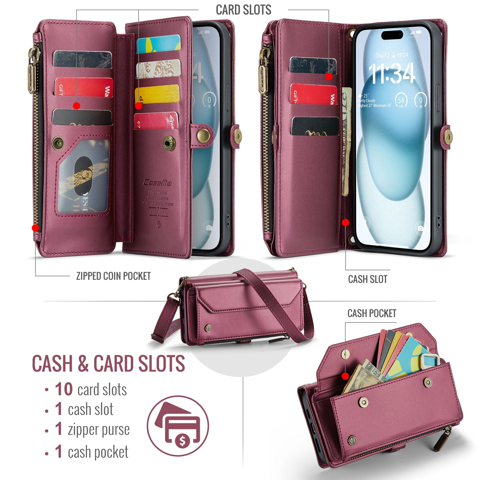 for iPhone 14 Plus Full Body Protection Wallet Folio Flip Case, Shoulder Strap & Wristlet Card Slots Zipper Pocket RFID Blocking Rugged Durable PU Leather Phone Case Cover, Winered