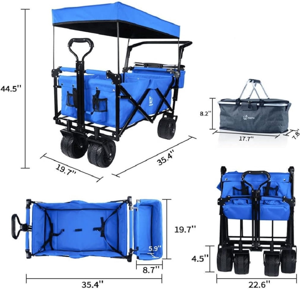 Collapsible Wagon Wagon Cart with Removable Canopy, Heavy Duty Foldable Beach Wagon with  All Terrain Wheels and Brake, Adjustable Push Pull Handle, 220LBS Cooler Bag Utility Carts for Outdoor, Blue