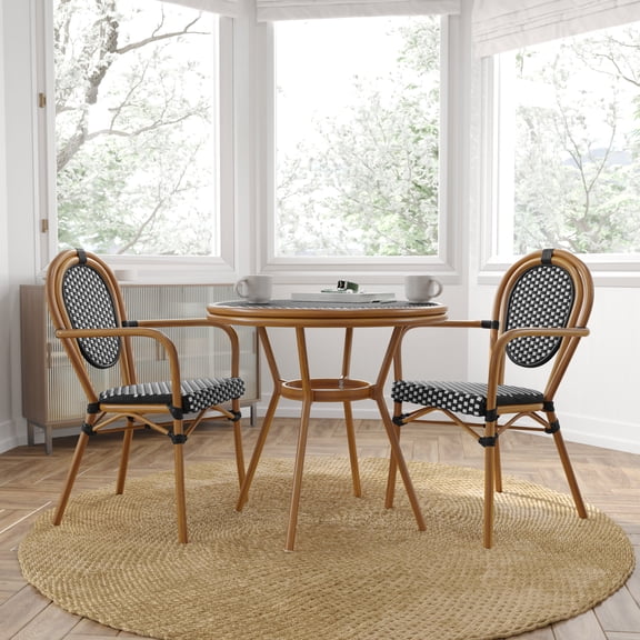 Merrick Lane Bistro Style Table with Glass Top, Black & White PE Rattan, 4 Stack Chairs, and Bamboo Finished Metal Frame for Indoor/Outdoor Use